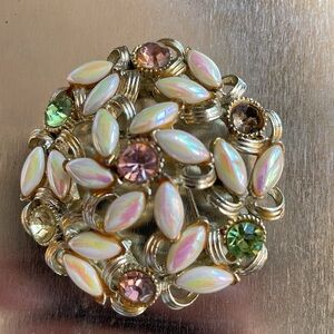Vintage BSK signed pink, green, gold, and iridescent white brooch